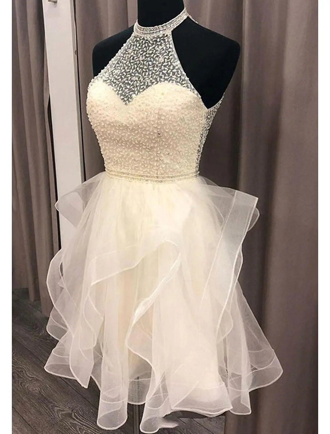 Luolandi A-Line Homecoming Dresses Sparkle & Shine Dress Holiday Short / Mini Sleeveless Halter Organza Backless
