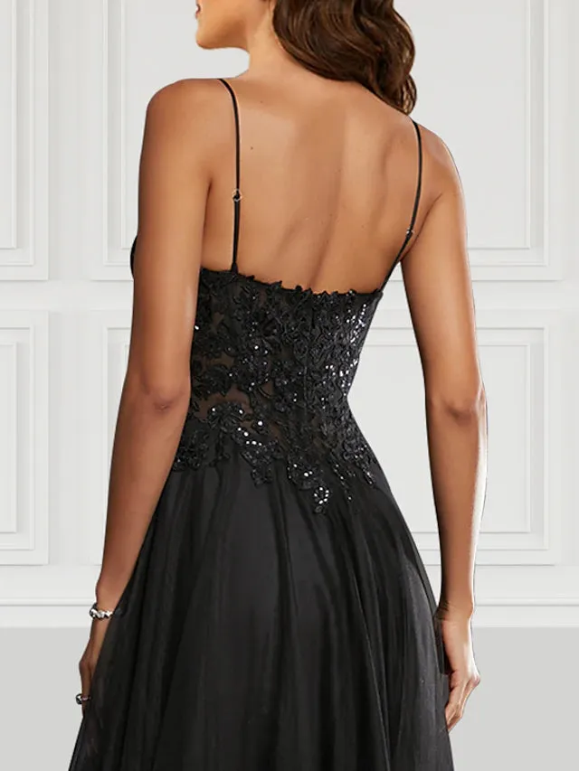Luolandi A-Line Prom Dresses Black Dress Party Wear Floor Length Sleeveless Spaghetti Strap Tulle