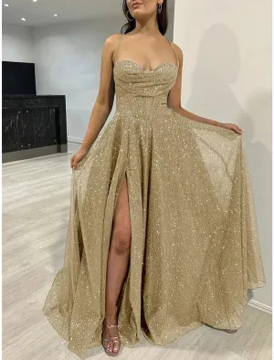Luolandi A-Line Prom Dresses Corsets Dress Wedding Guest Wedding Party Sweep / Brush Train Sleeveless Spaghetti Strap Fall Wedding Reception Tulle Sparkly Evening Dress