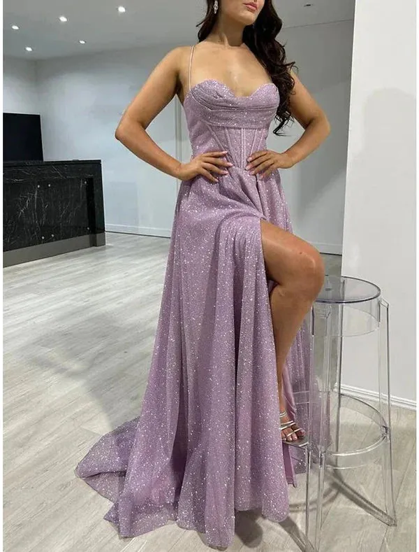 Luolandi A-Line Prom Dresses Corsets Dress Wedding Guest Wedding Party Sweep / Brush Train Sleeveless Spaghetti Strap Fall Wedding Reception Tulle Sparkly Evening Dress