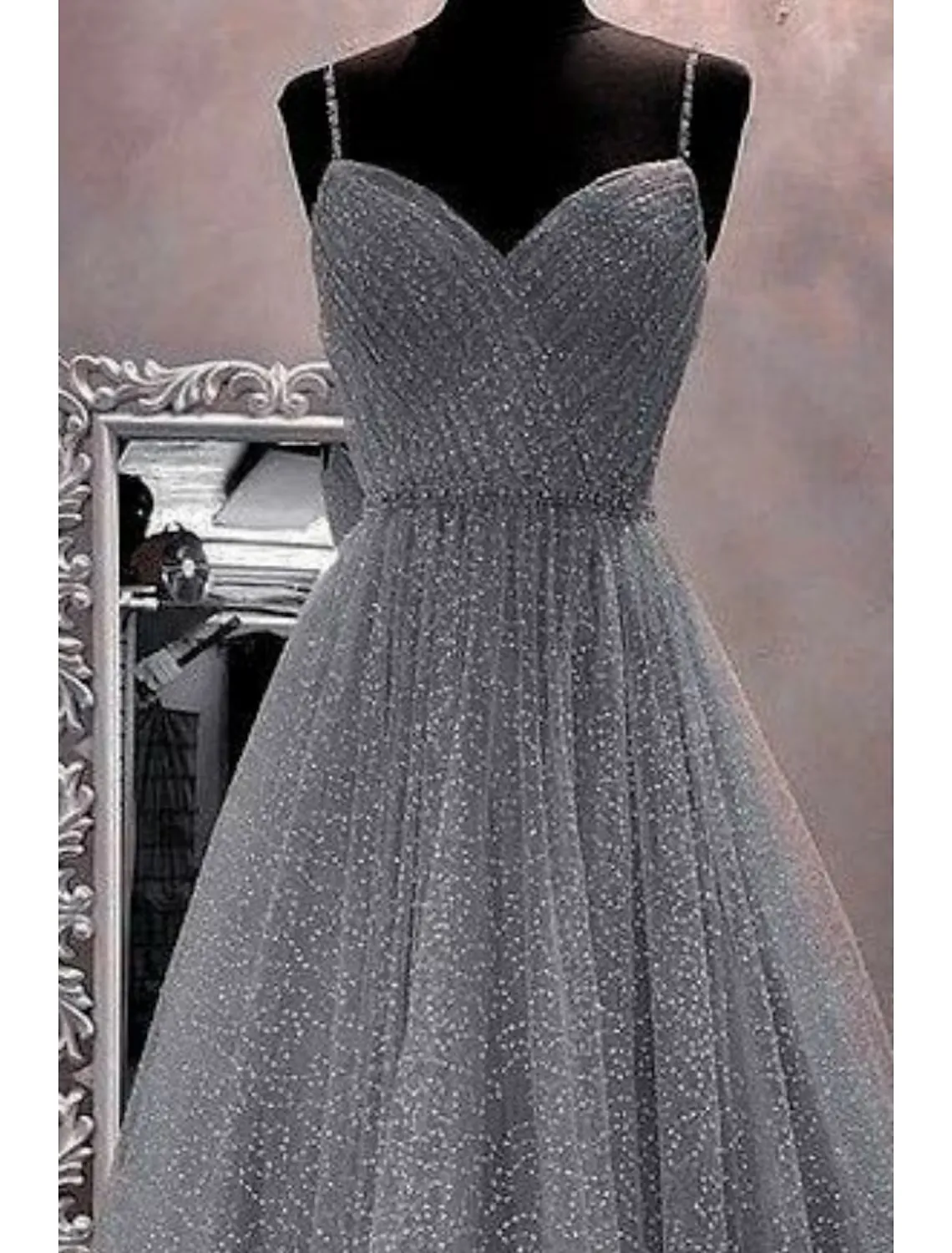 Luolandi A-Line Prom Dresses Sparkle & Shine Dress Party Wear Floor Length Sleeveless Spaghetti Strap Tulle