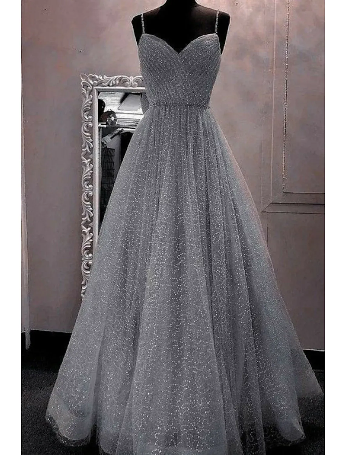 Luolandi A-Line Prom Dresses Sparkle & Shine Dress Party Wear Floor Length Sleeveless Spaghetti Strap Tulle
