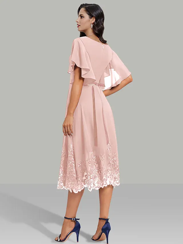 Luolandi A-Line Wedding Guest Dresses Elegant Dress Cocktail Party Tea Length Short Sleeve V Neck Belt / Sash Chiffon with Rhinestone Glitter