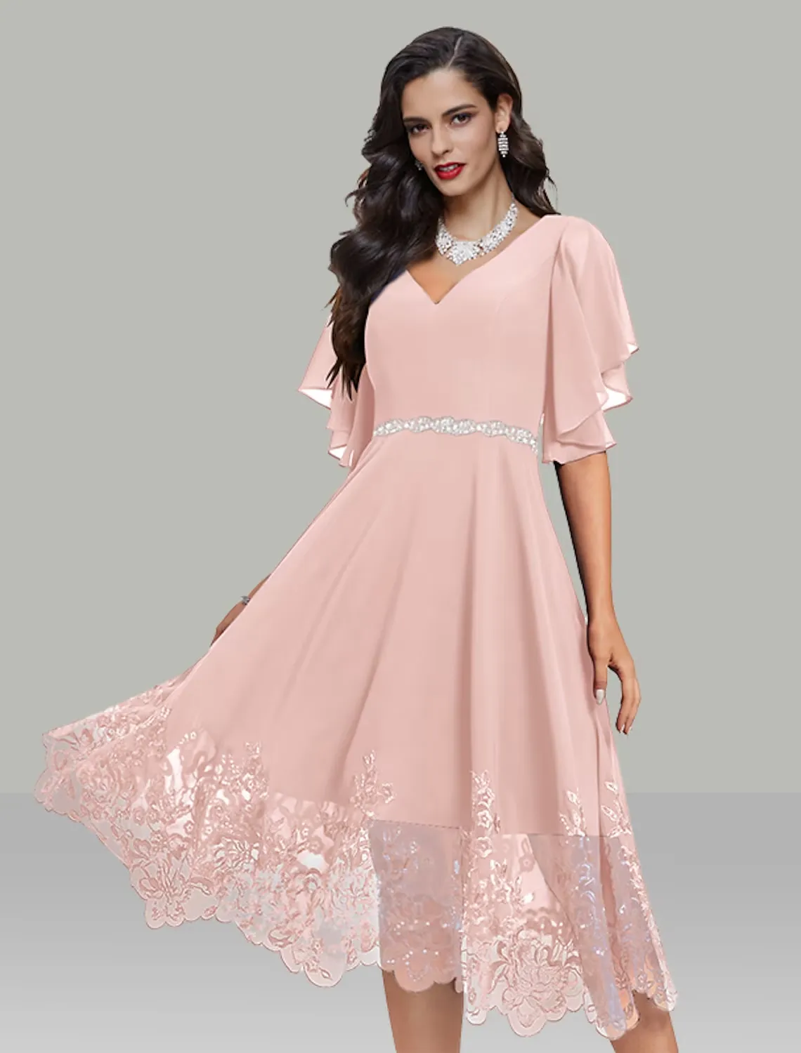 Luolandi A-Line Wedding Guest Dresses Elegant Dress Cocktail Party Tea Length Short Sleeve V Neck Belt / Sash Chiffon with Rhinestone Glitter