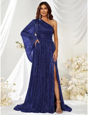 Luolandi A-Line Wedding Guest Dresses Sparkle & Shine Dress Formal Evening Party Sweep / Brush Train Long Sleeve One Shoulder Polyester with Glitter