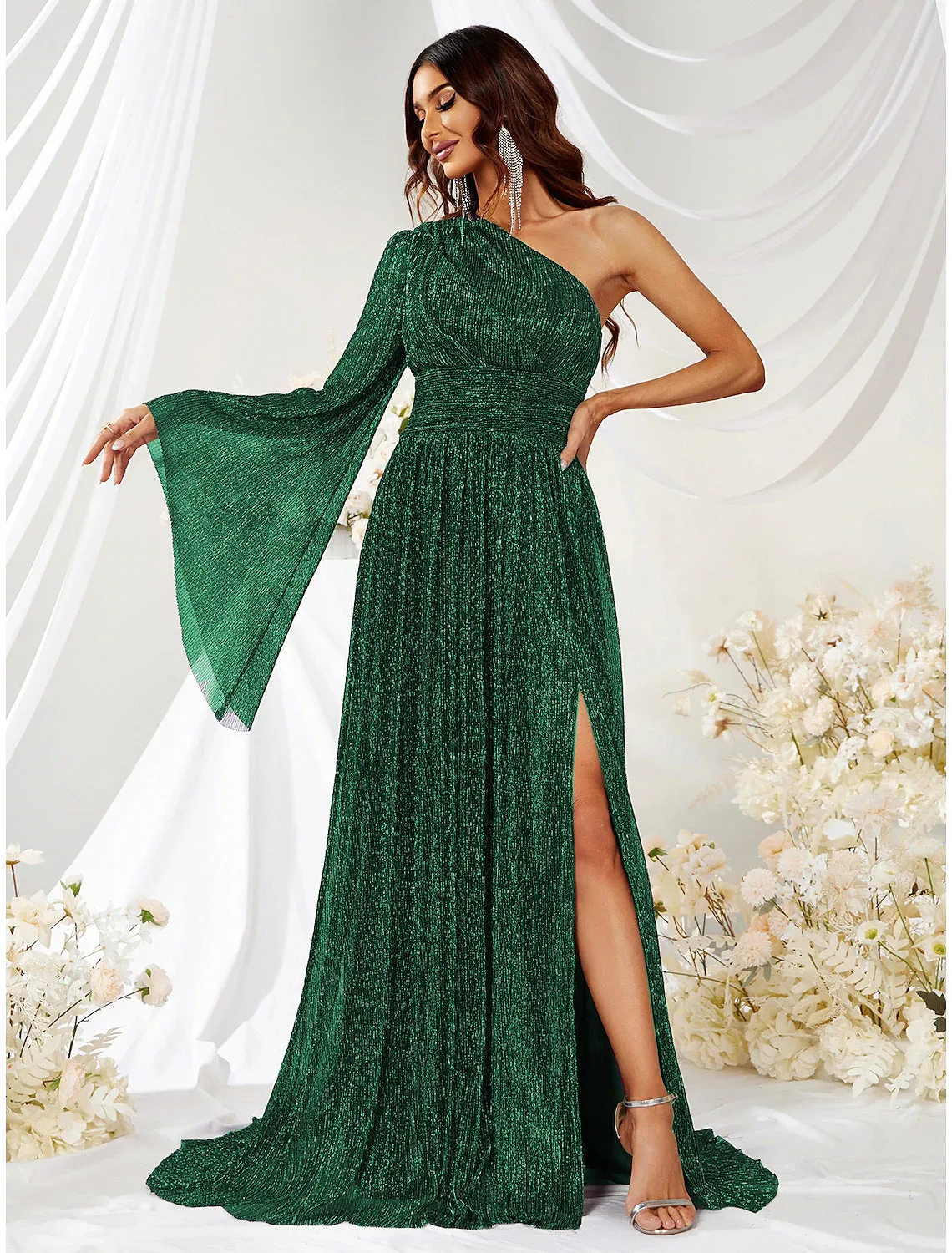 Luolandi A-Line Wedding Guest Dresses Sparkle & Shine Dress Formal Evening Party Sweep / Brush Train Long Sleeve One Shoulder Polyester with Glitter