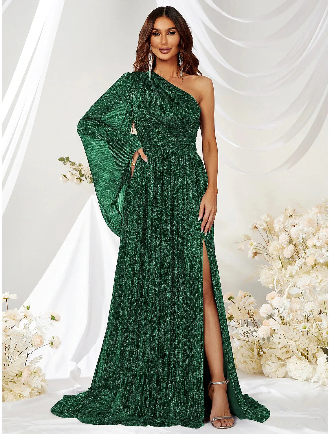 Luolandi A-Line Wedding Guest Dresses Sparkle & Shine Dress Formal Evening Party Sweep / Brush Train Long Sleeve One Shoulder Polyester with Glitter
