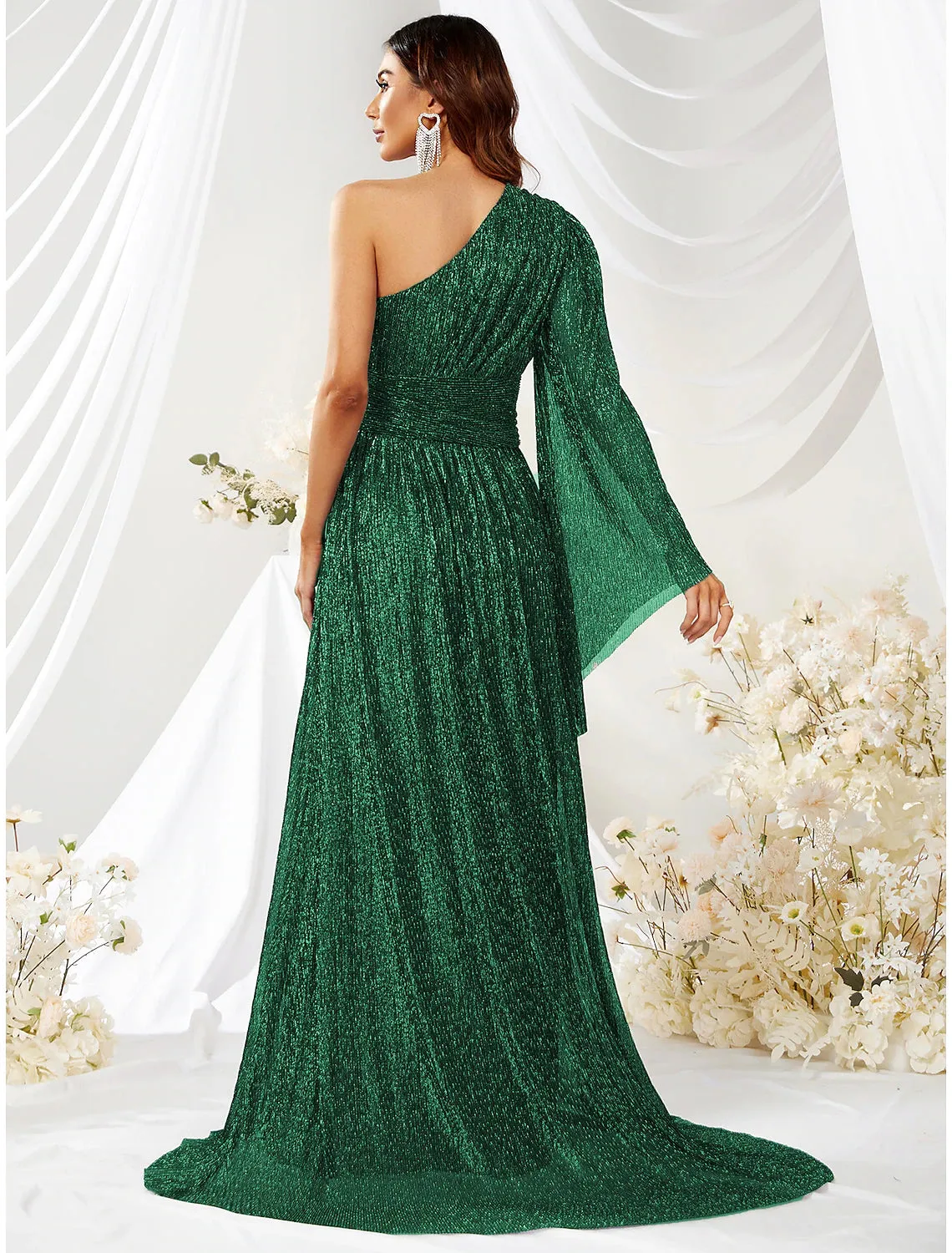 Luolandi A-Line Wedding Guest Dresses Sparkle & Shine Dress Formal Evening Party Sweep / Brush Train Long Sleeve One Shoulder Polyester with Glitter