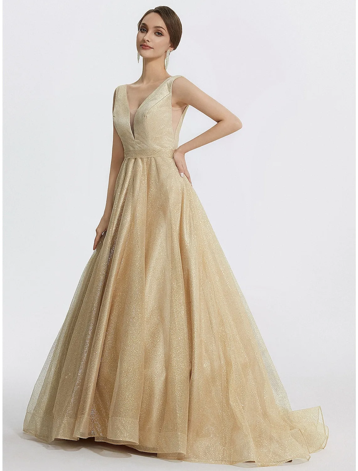Luolandi Ball Gown Prom Dresses Sparkle Dress Wedding Quinceanera Floor Length Sleeveless V Neck Tulle