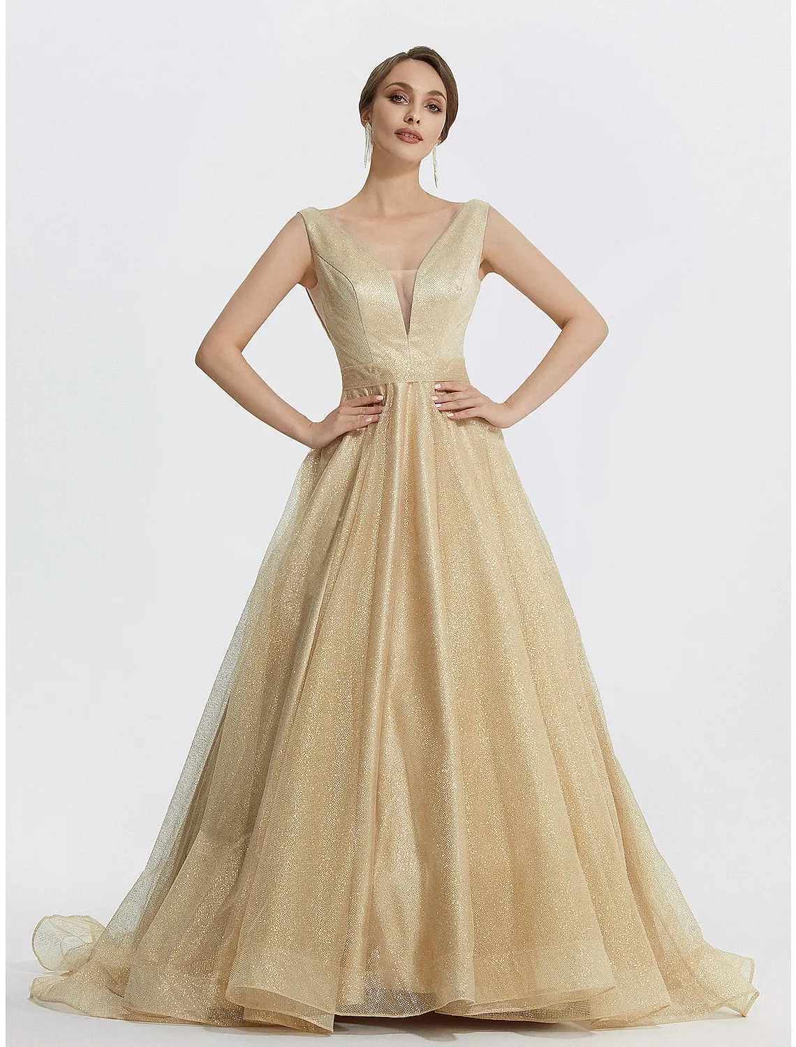 Luolandi Ball Gown Prom Dresses Sparkle Dress Wedding Quinceanera Floor Length Sleeveless V Neck Tulle
