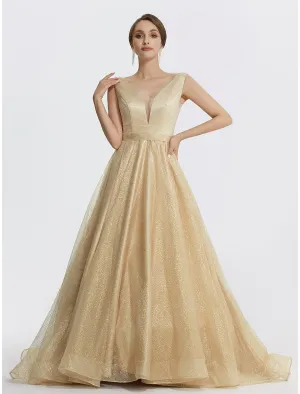Luolandi Ball Gown Prom Dresses Sparkle Dress Wedding Quinceanera Floor Length Sleeveless V Neck Tulle