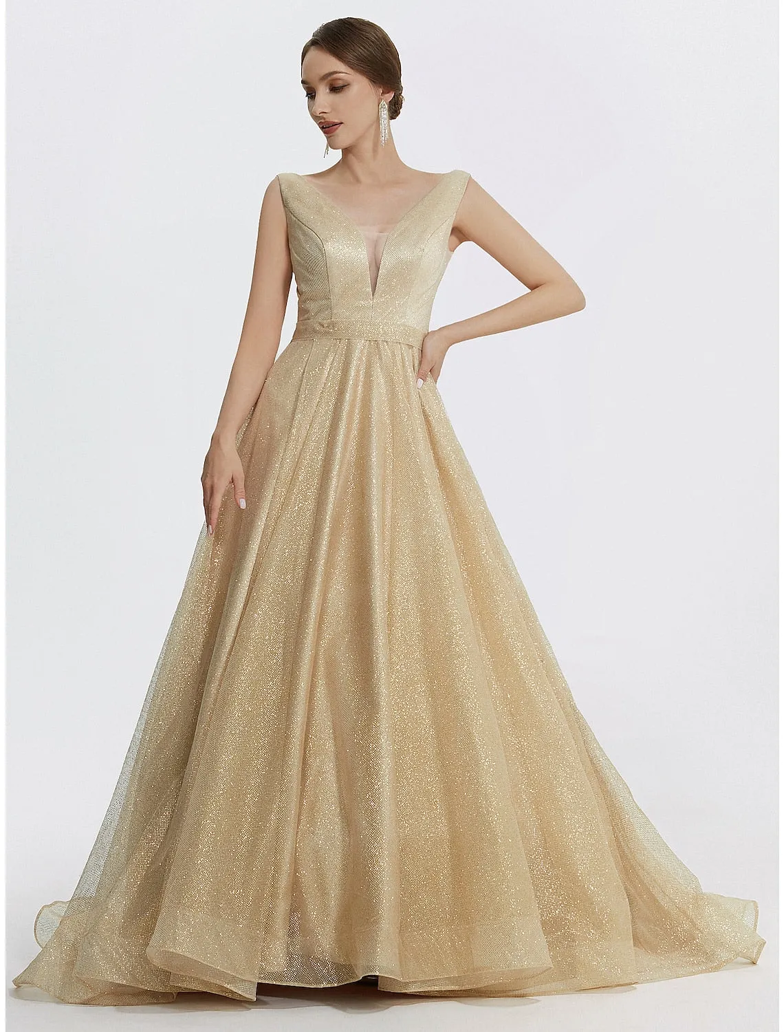 Luolandi Ball Gown Prom Dresses Sparkle Dress Wedding Quinceanera Floor Length Sleeveless V Neck Tulle