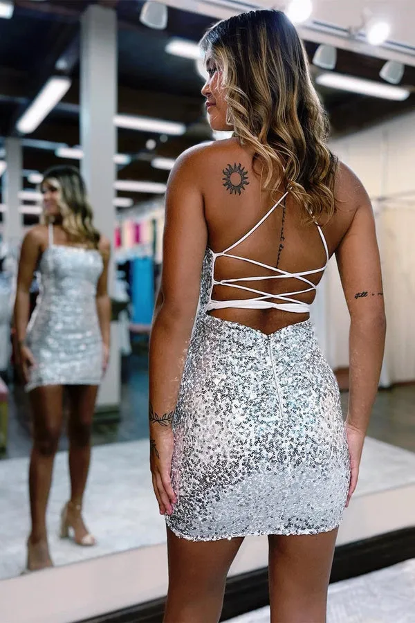 Luolandi Glitter Bodycon Straps Black Sequins Short Homecoming Dresses Sparkly Party Dress