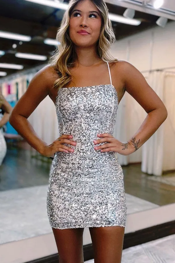 Luolandi Glitter Bodycon Straps Black Sequins Short Homecoming Dresses Sparkly Party Dress