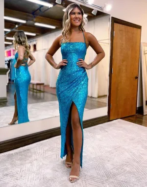 Luolandi Glitter Sequin Prom Dress with Split Sexy Evening Dresses Sparkly