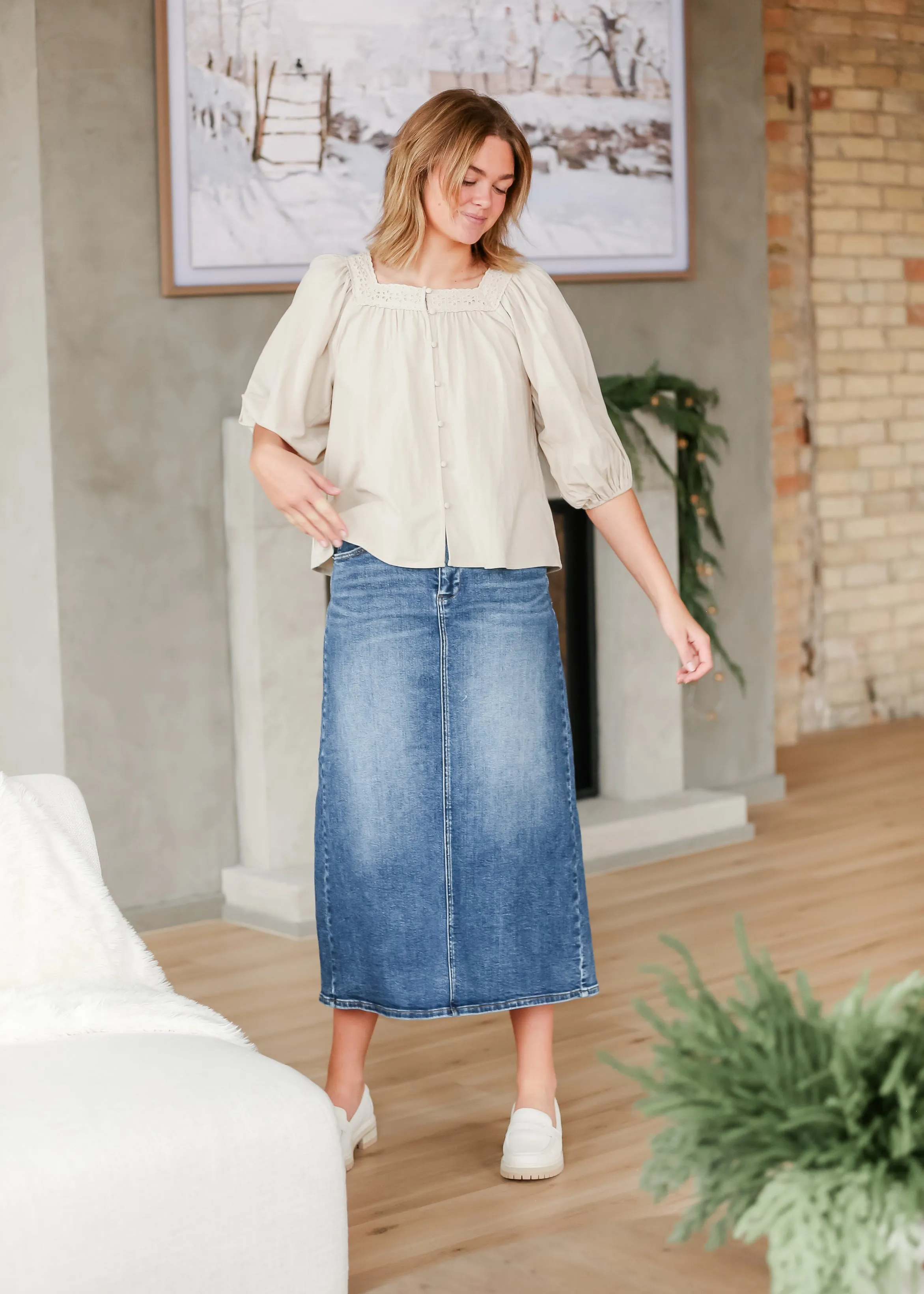 Medium Wash Back Slit Denim Skirt