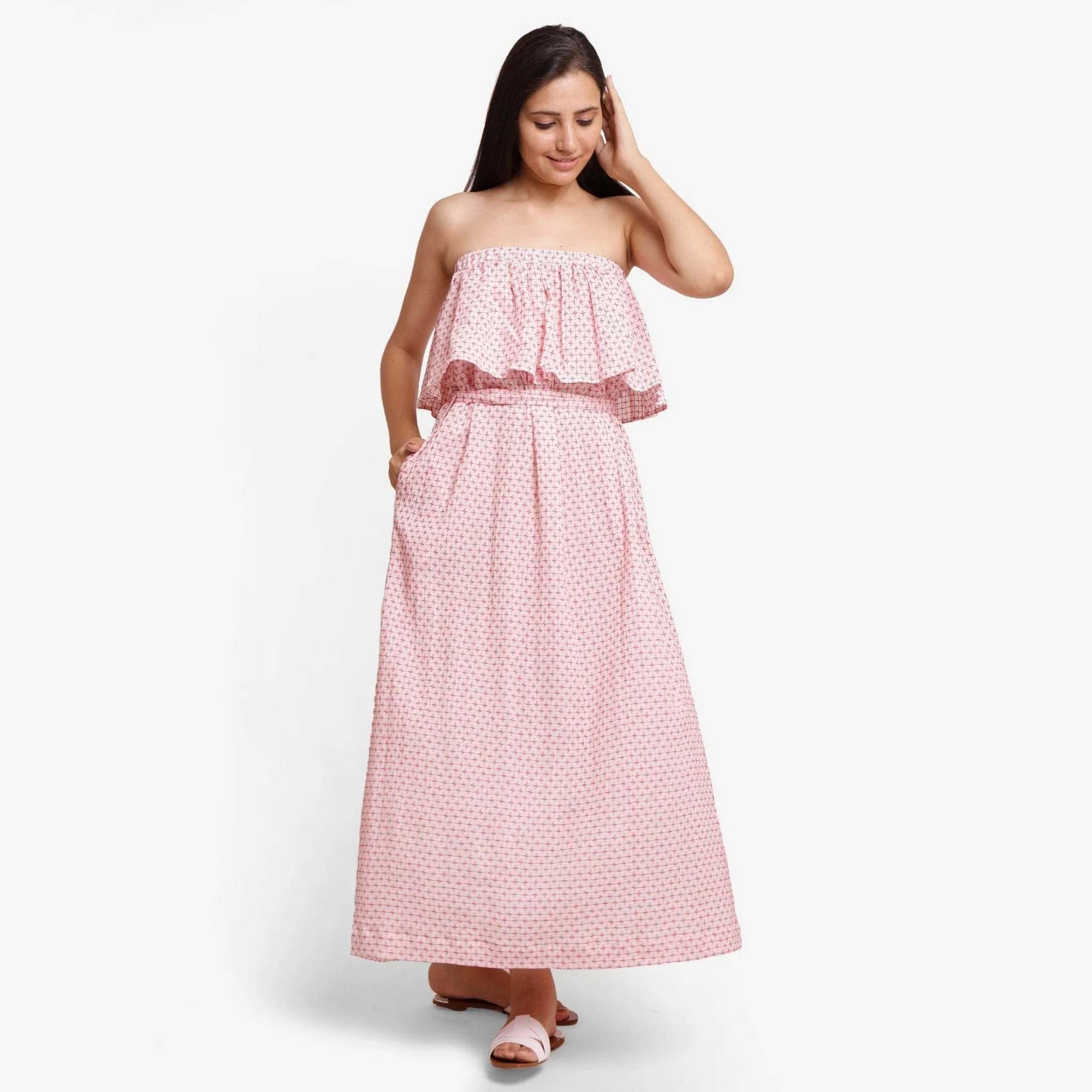 Red Crinkled Cotton Tube Neck Maxi Gathered Dress