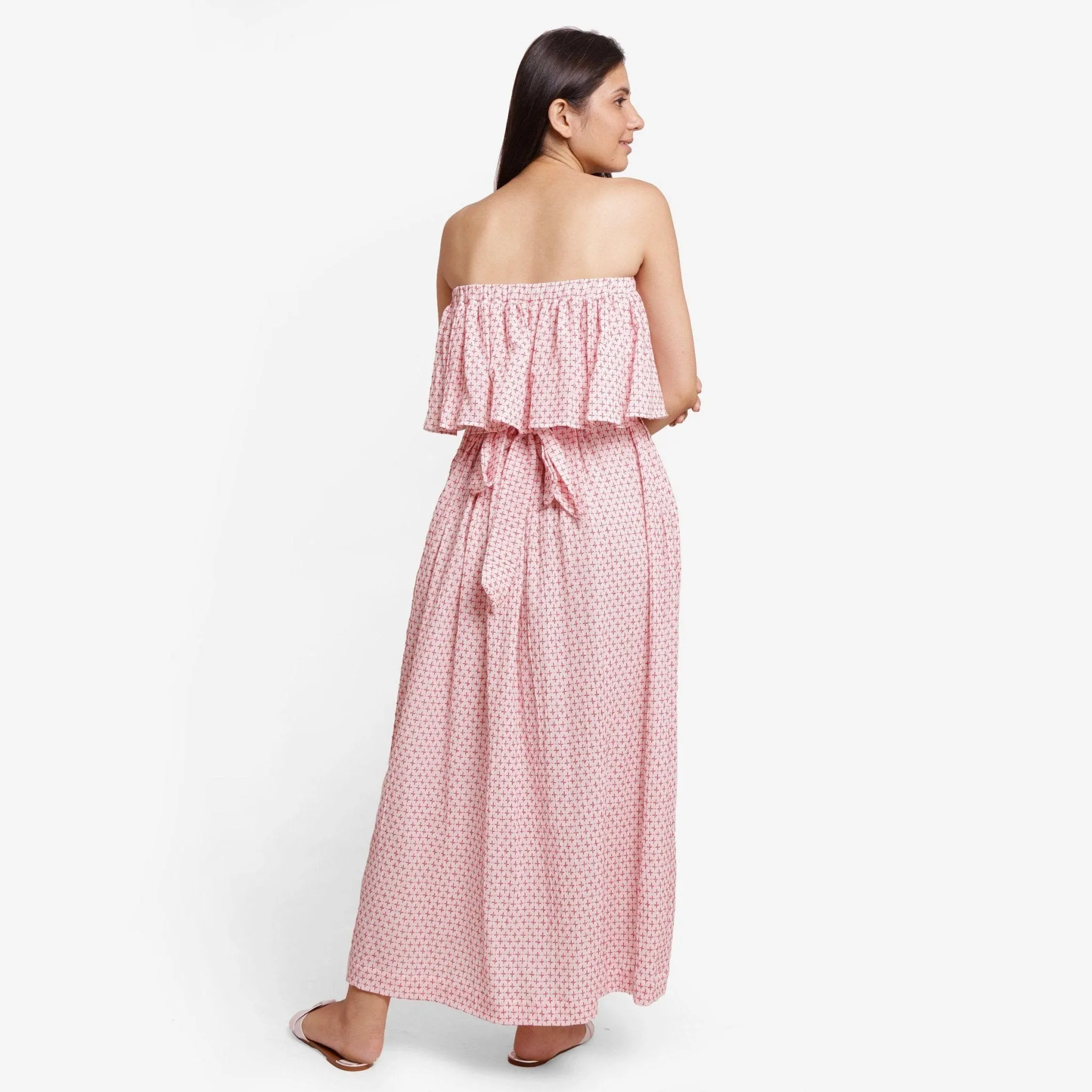 Red Crinkled Cotton Tube Neck Maxi Gathered Dress