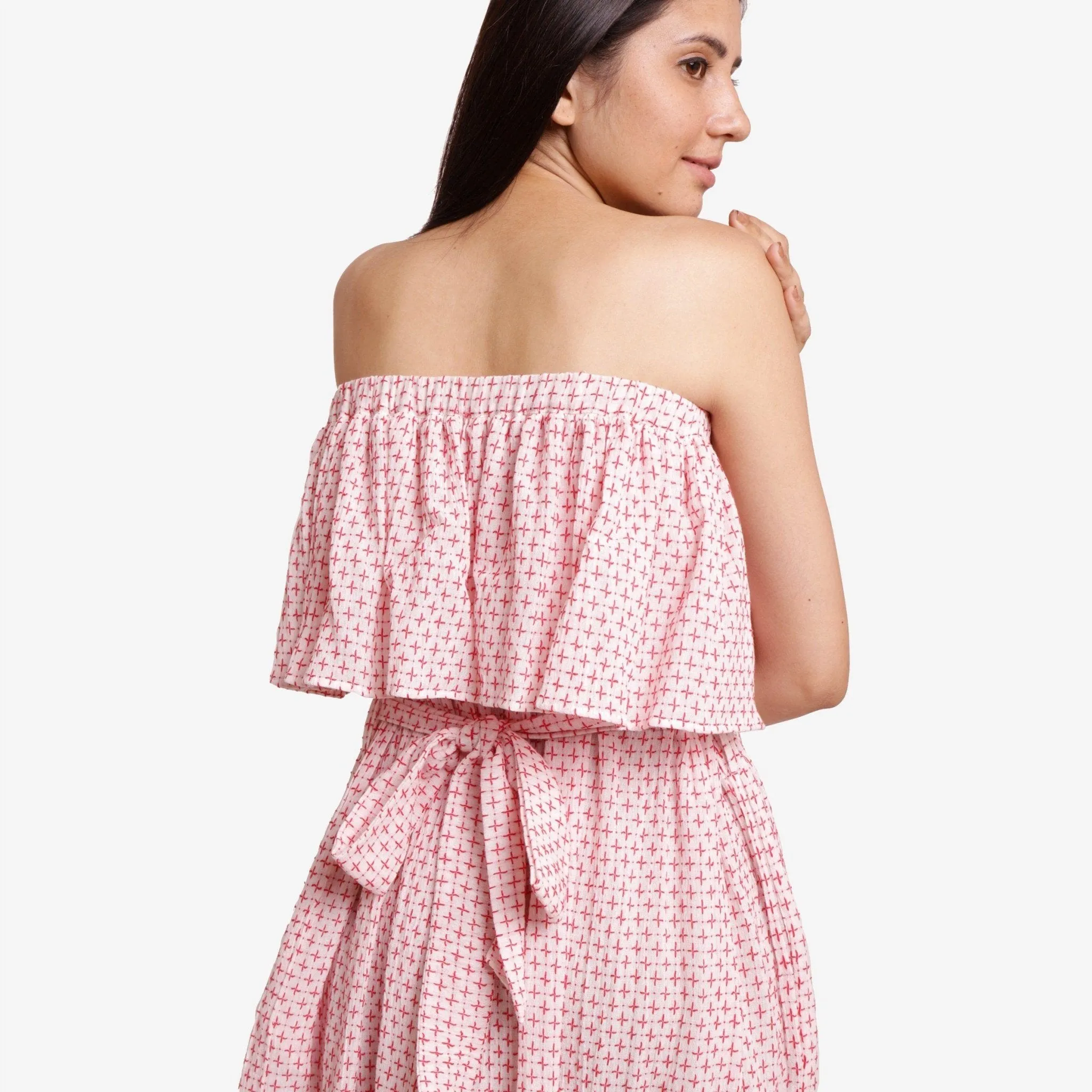 Red Crinkled Cotton Tube Neck Maxi Gathered Dress