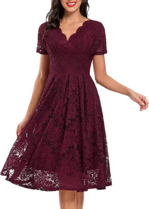 Rvidbe Lace Dress for Women Short Sleeve V Neck Empire Waist A-Line Midi Dresses Wedding Bridesmaid Party Evening Dresses