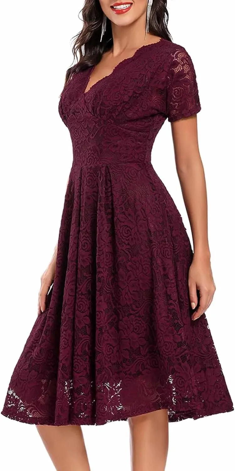 Rvidbe Lace Dress for Women Short Sleeve V Neck Empire Waist A-Line Midi Dresses Wedding Bridesmaid Party Evening Dresses