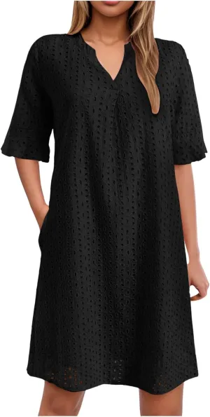 Rvidbe Women's 2025 Summer Short Sleeve Mini Dress V Neck Ruffle Hollow Out Eyelet Lace Dresses Vacation Beach Sundress