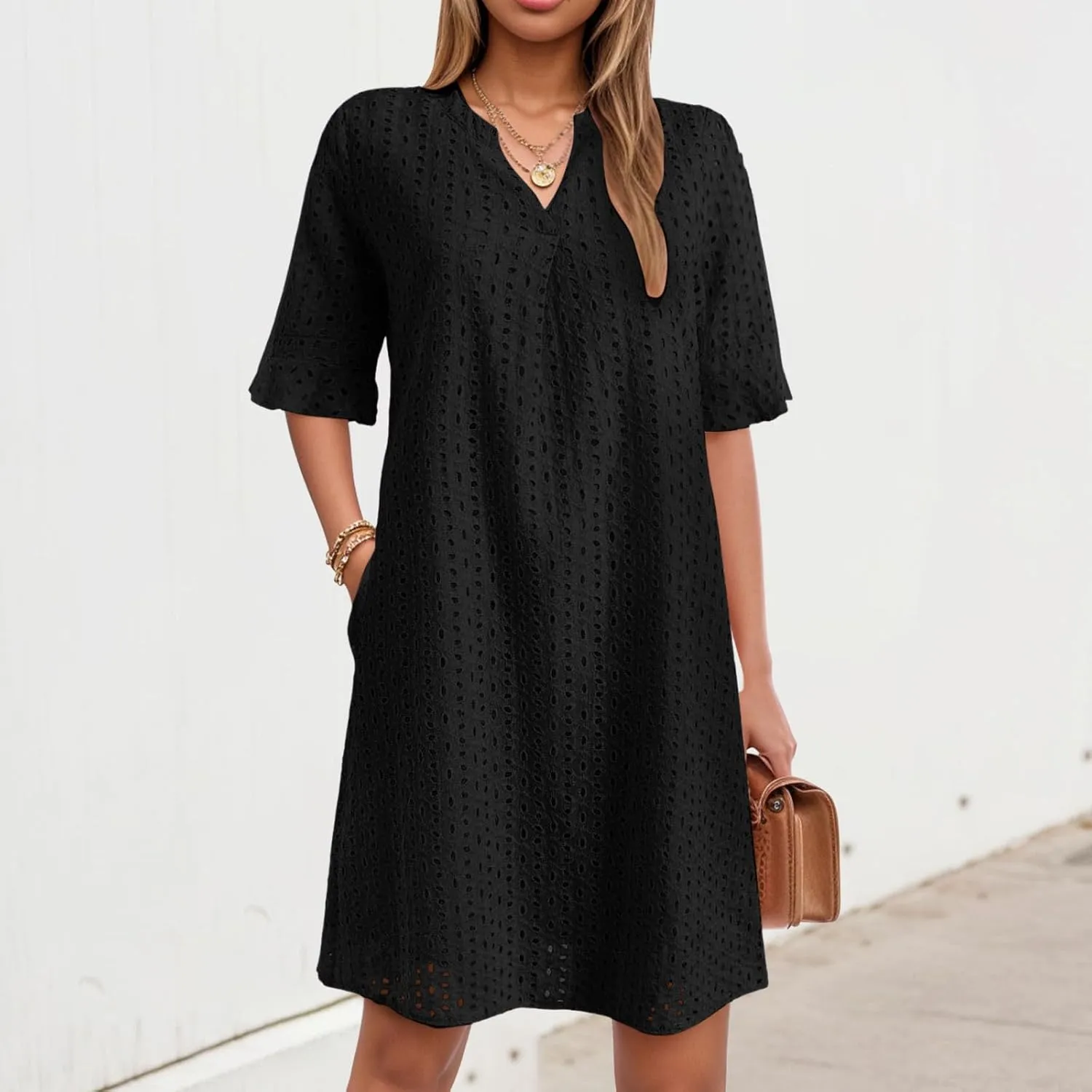 Rvidbe Women's 2025 Summer Short Sleeve Mini Dress V Neck Ruffle Hollow Out Eyelet Lace Dresses Vacation Beach Sundress