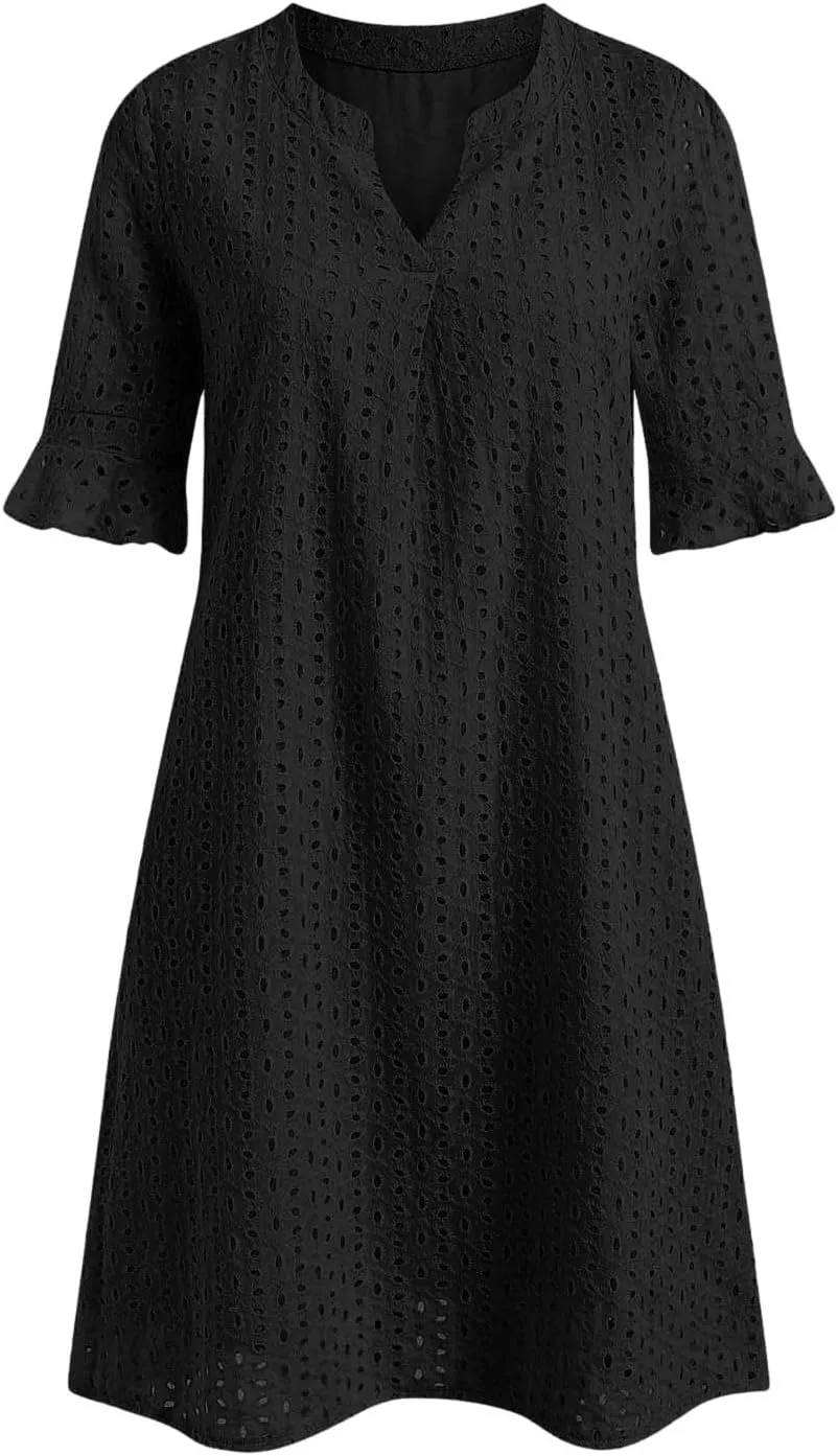 Rvidbe Women's 2025 Summer Short Sleeve Mini Dress V Neck Ruffle Hollow Out Eyelet Lace Dresses Vacation Beach Sundress