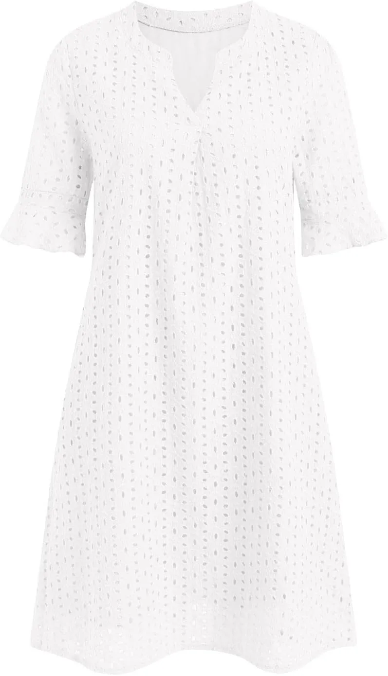 Rvidbe Women's 2025 Summer Short Sleeve Mini Dress V Neck Ruffle Hollow Out Eyelet Lace Dresses Vacation Beach Sundress