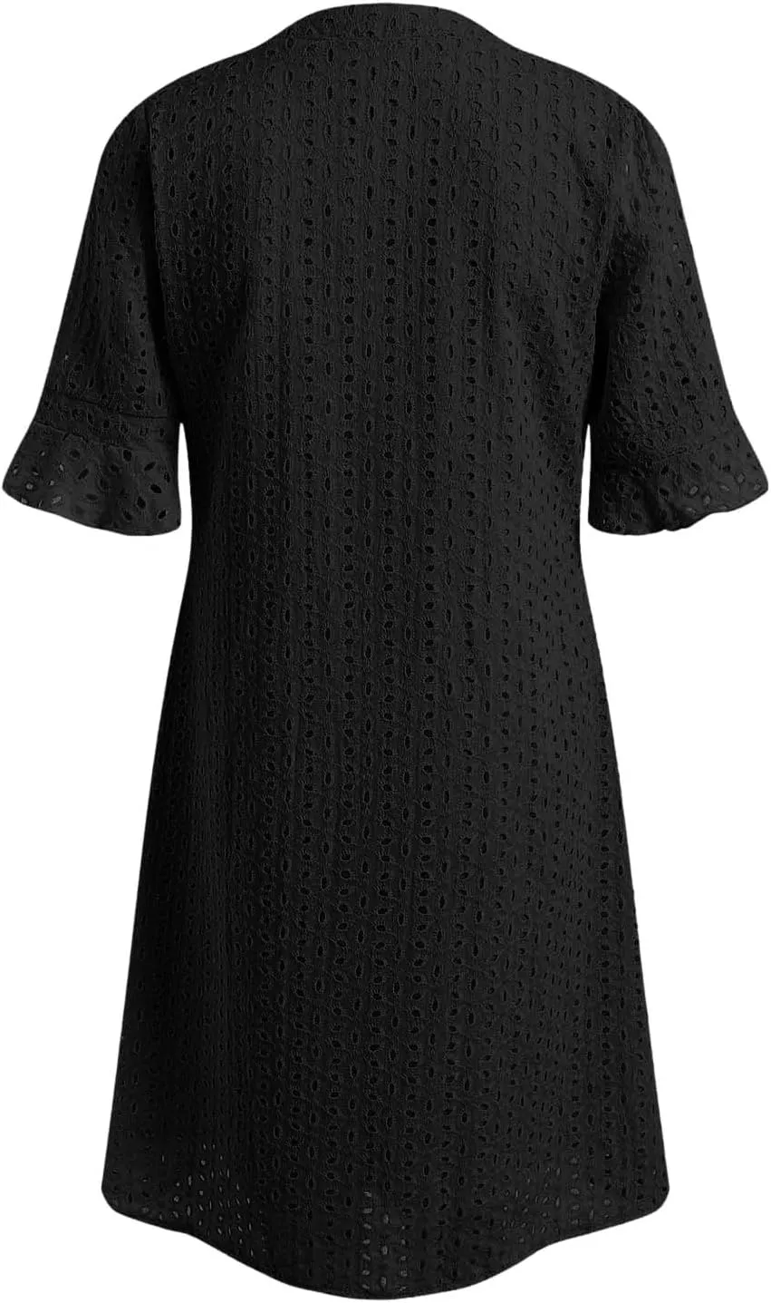 Rvidbe Women's 2025 Summer Short Sleeve Mini Dress V Neck Ruffle Hollow Out Eyelet Lace Dresses Vacation Beach Sundress