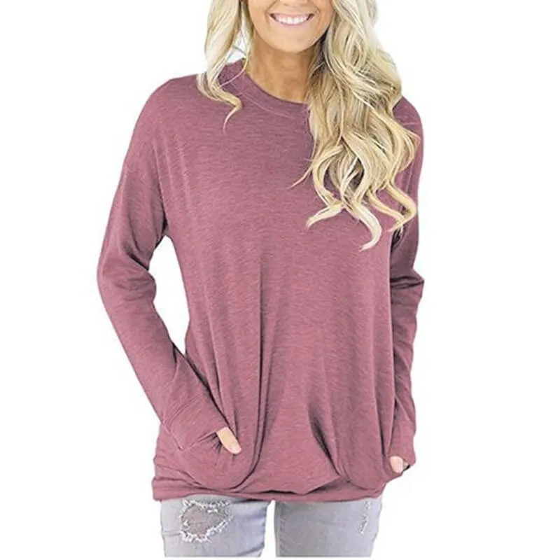 Scoop Loose Pocket Pure Color Blouse