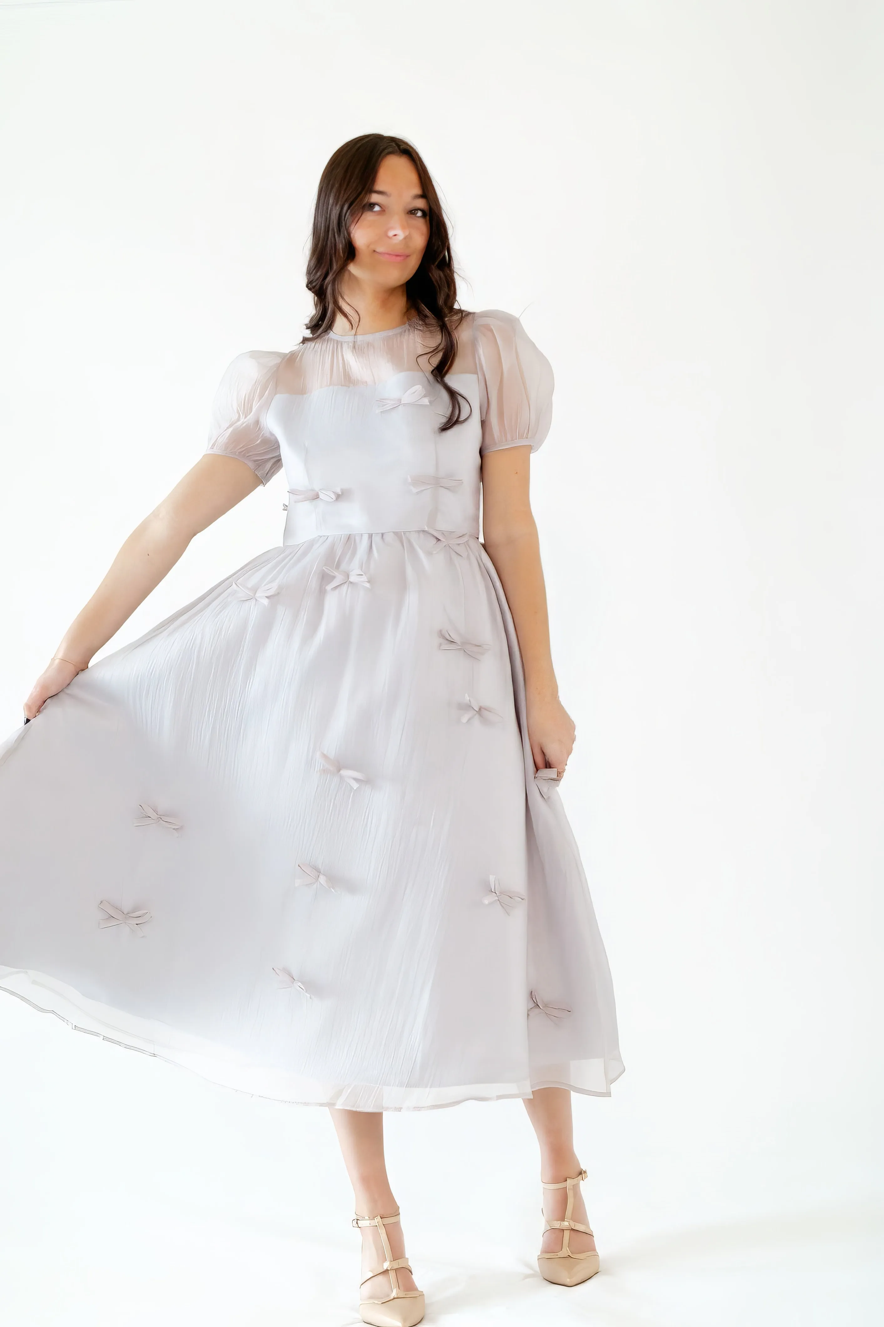Silver Bow Organza Midi Dress