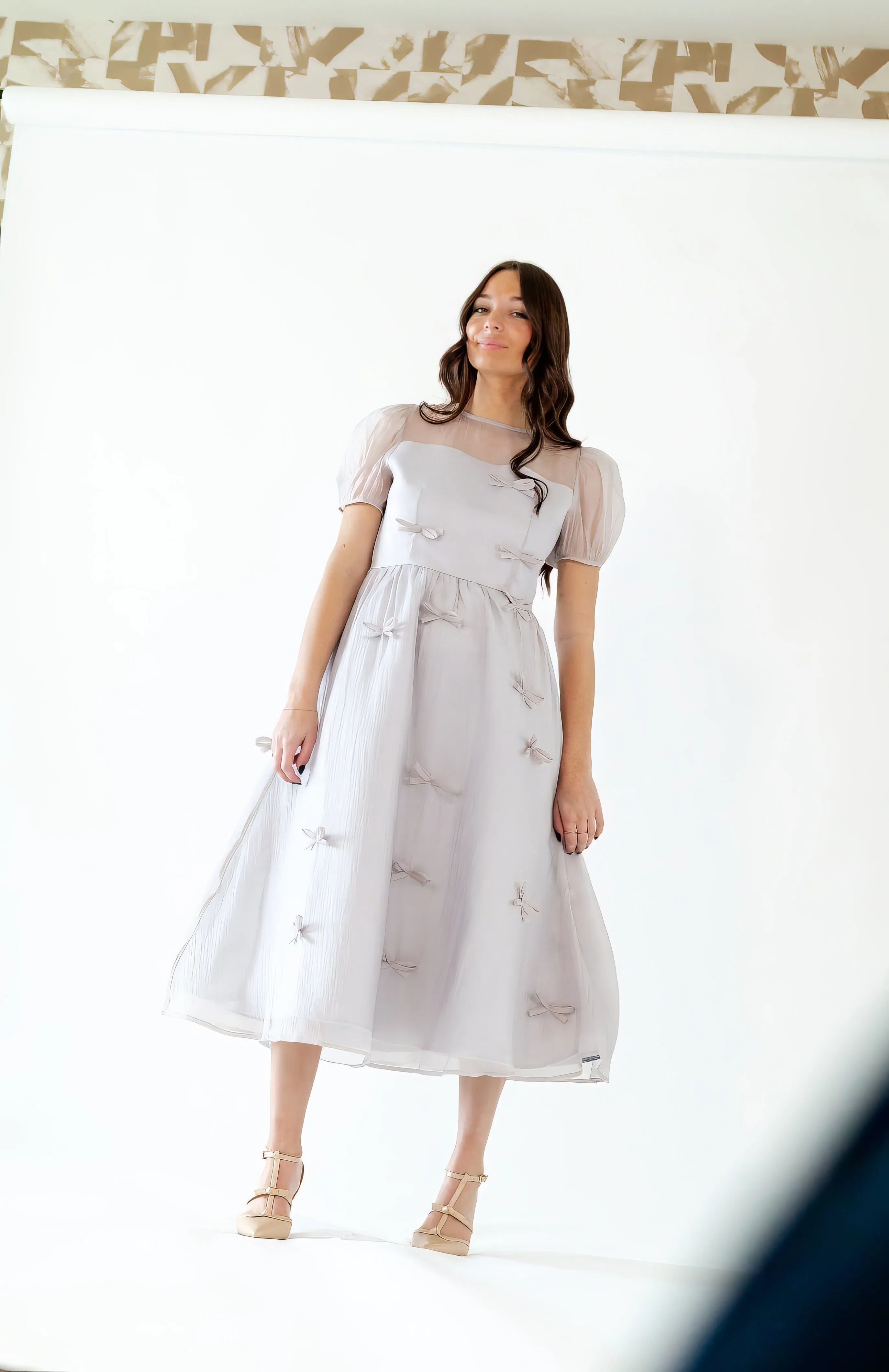 Silver Bow Organza Midi Dress