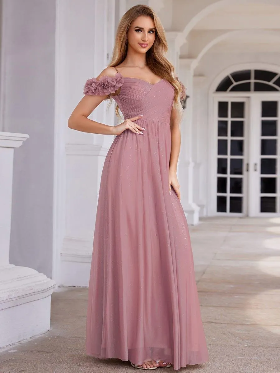 Sparkling V-Neck Floral Cold-Shoulder Evening Dress with Pleated