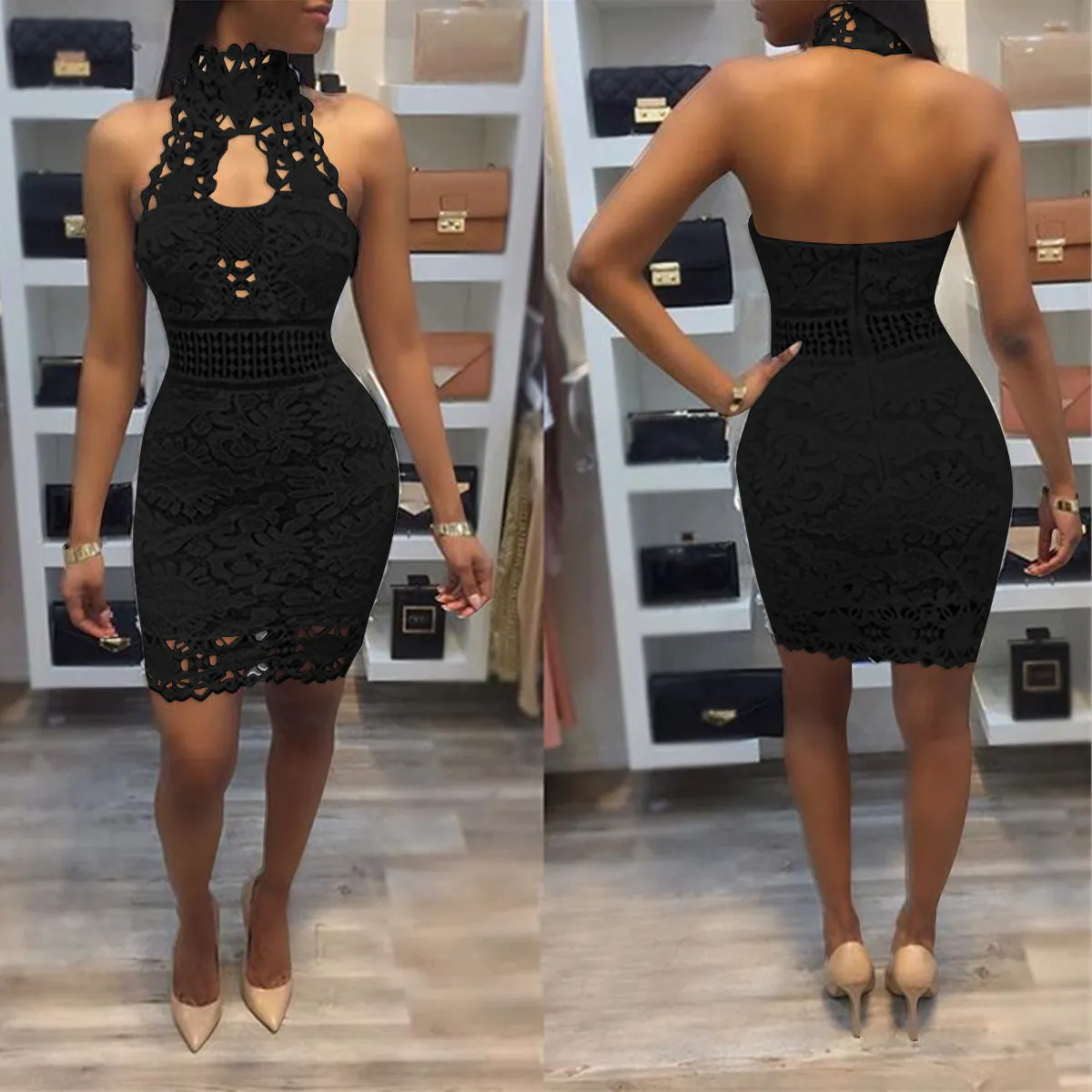 Stand Collar Halter Backless Short Lace Dress