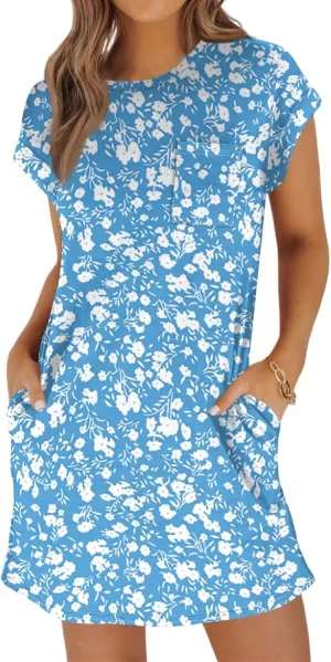 Summer Dresses for Women Print Short Sleeve Dress Casual Sundresses Beach Vacation Dress T Shirt Dress with Pockets