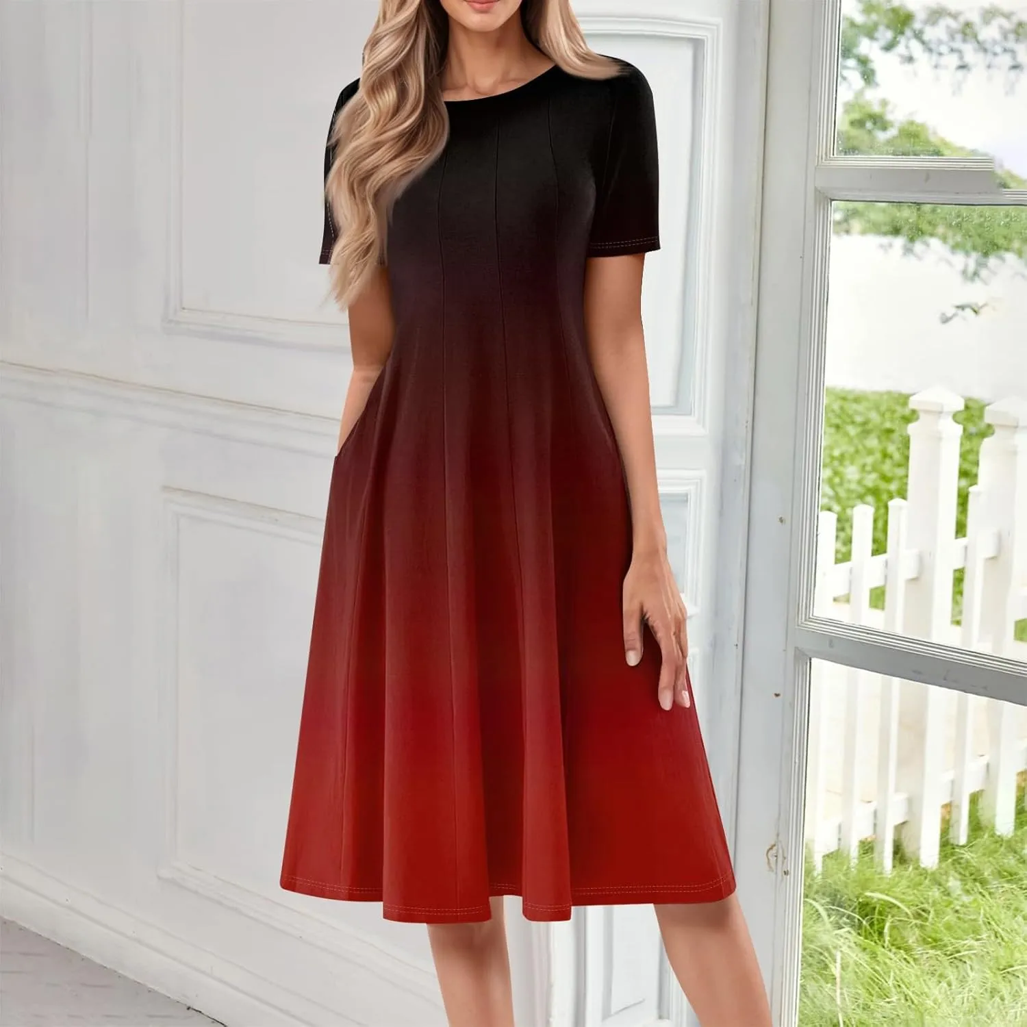 Summer Dresses for Women Trendy Casual Gradient Ombre Short Sleeve Round Neck Boho Midi Pockets Vacation Sundresses