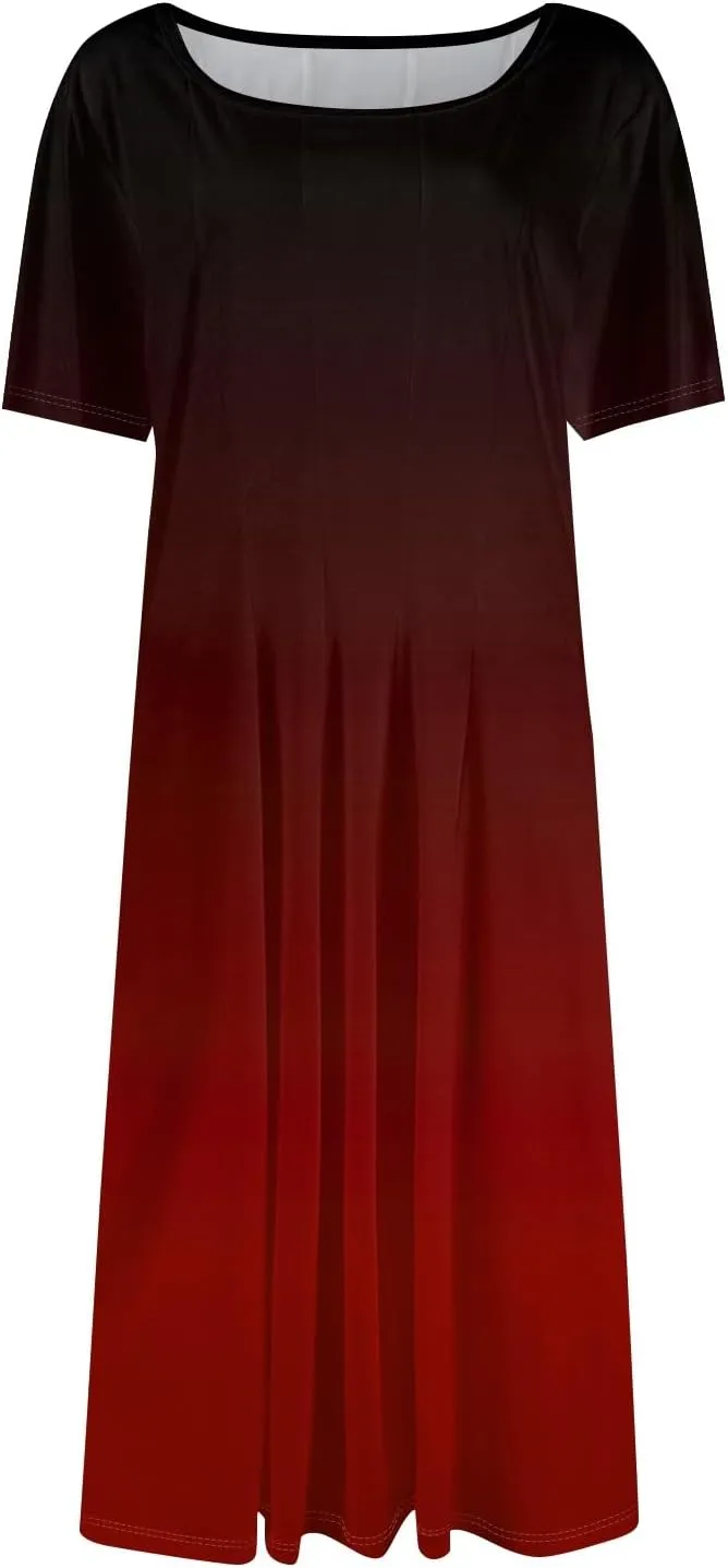 Summer Dresses for Women Trendy Casual Gradient Ombre Short Sleeve Round Neck Boho Midi Pockets Vacation Sundresses