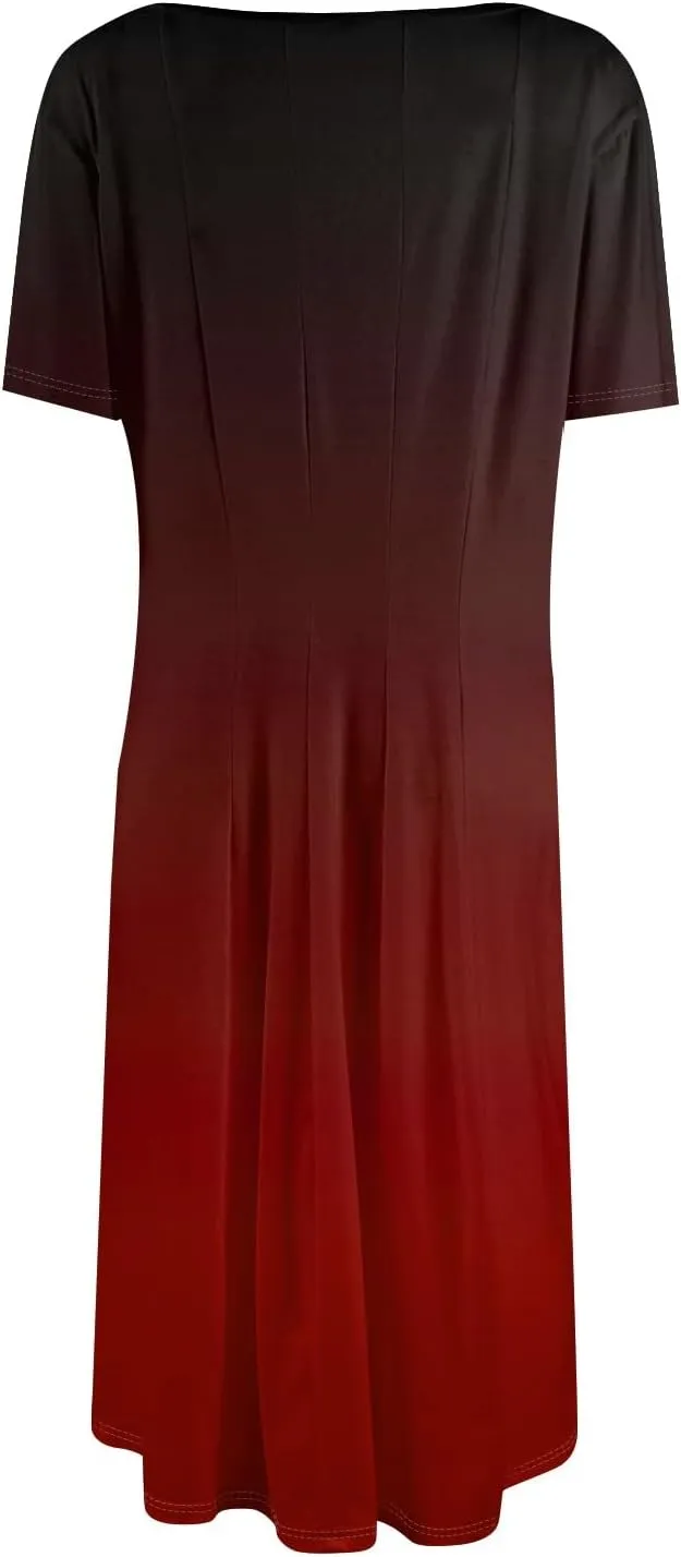 Summer Dresses for Women Trendy Casual Gradient Ombre Short Sleeve Round Neck Boho Midi Pockets Vacation Sundresses