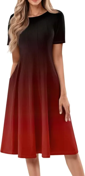 Summer Dresses for Women Trendy Casual Gradient Ombre Short Sleeve Round Neck Boho Midi Pockets Vacation Sundresses