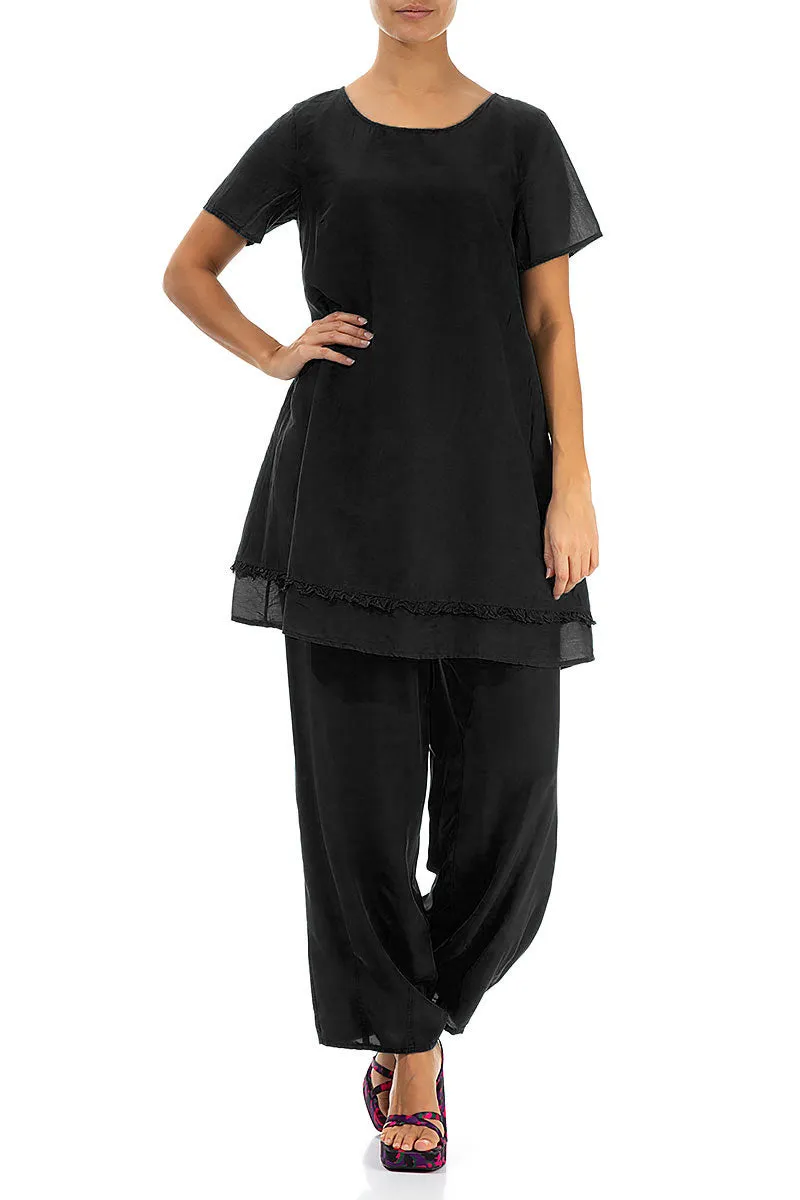 Taper Black Silk Bamboo Trousers