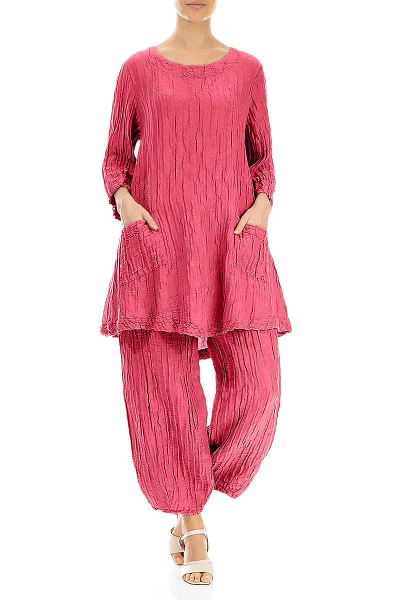 Taper Raspberry Crinkled Silk Linen Trousers