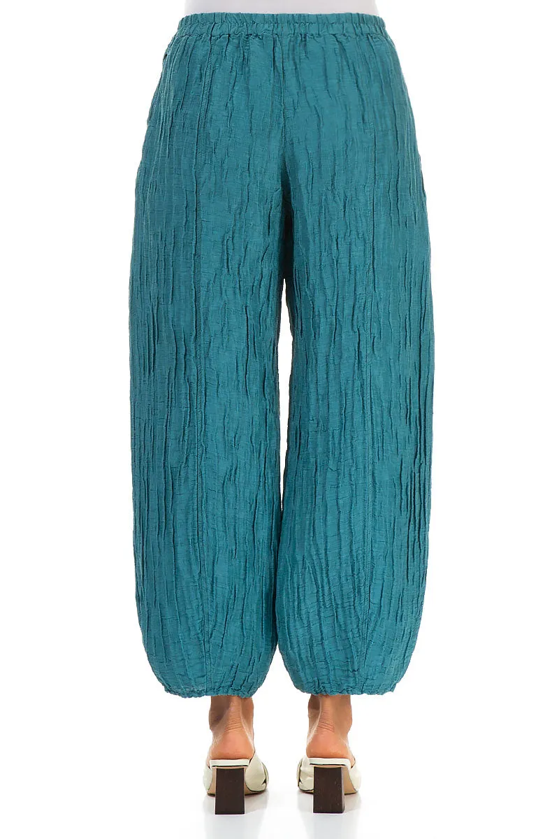 Taper Turquoise Crinkled Silk Linen Trousers