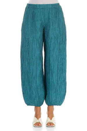 Taper Turquoise Crinkled Silk Linen Trousers