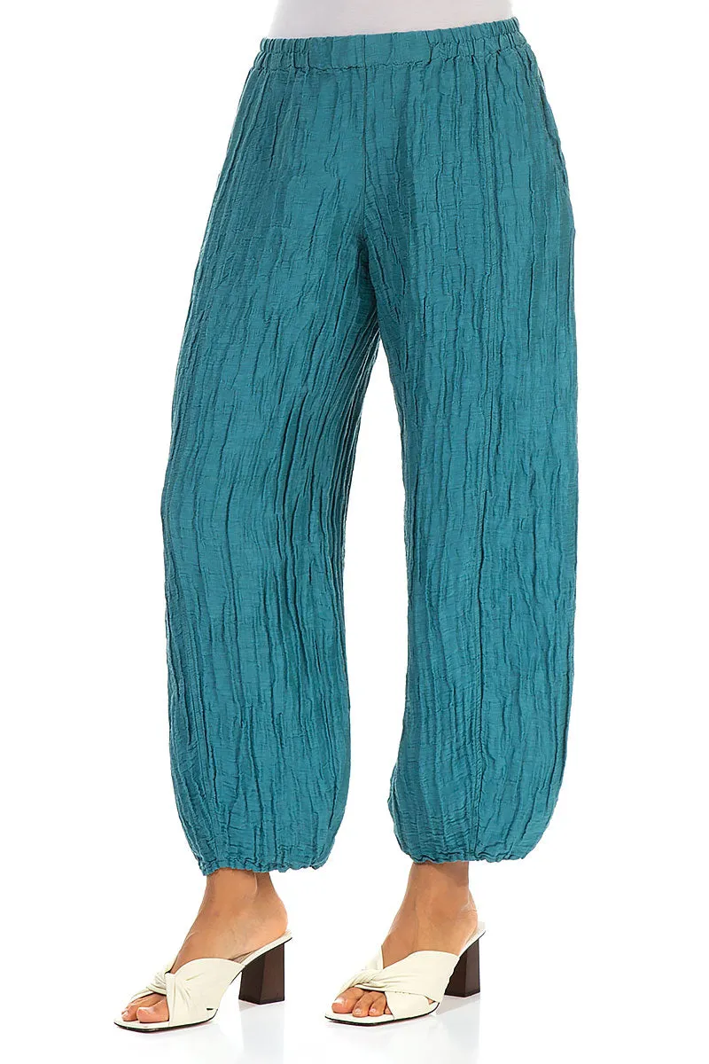 Taper Turquoise Crinkled Silk Linen Trousers