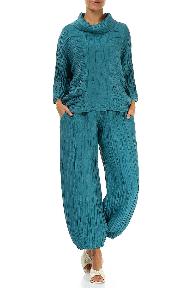 Taper Turquoise Crinkled Silk Linen Trousers