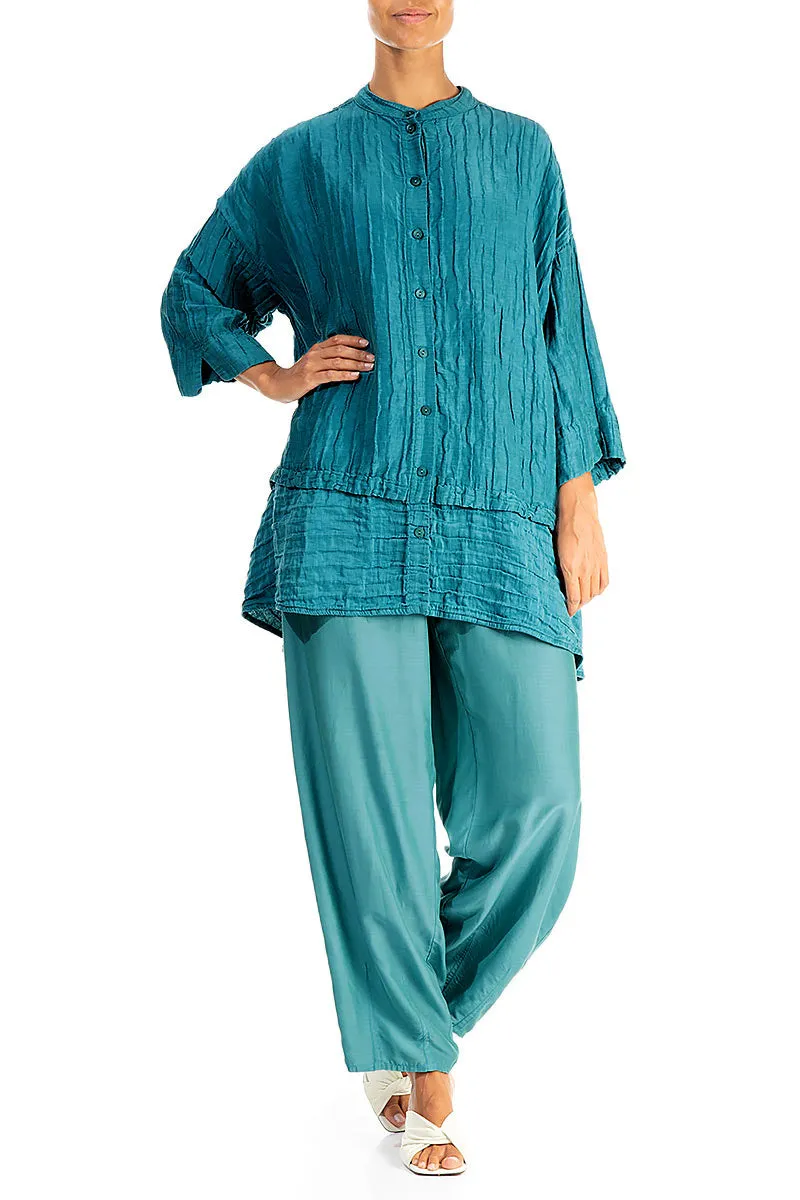 Taper Turquoise Silk Bamboo Trousers