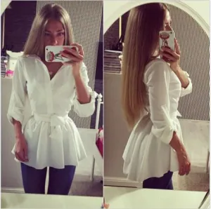 Turn-down Collar Long Sleeves Bowknot Pure Color Blouse