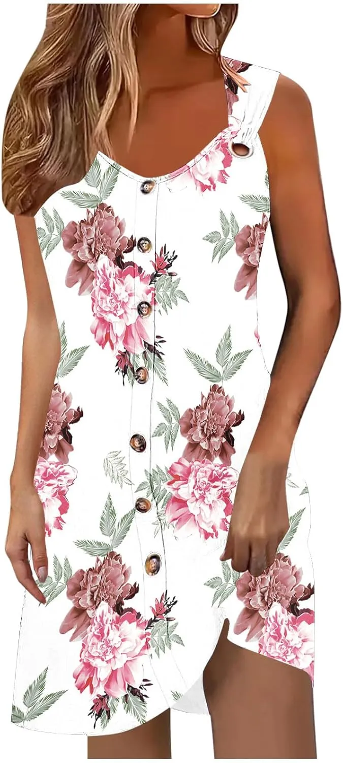 Womens Casual Dresses Sleeveless Summer 2025 Boho Floral Beach Button Sundresses Spring A-Line Tank Dress