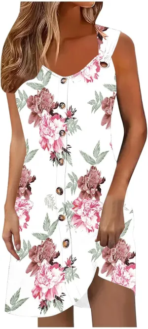 Womens Casual Dresses Sleeveless Summer 2025 Boho Floral Beach Button Sundresses Spring A-Line Tank Dress